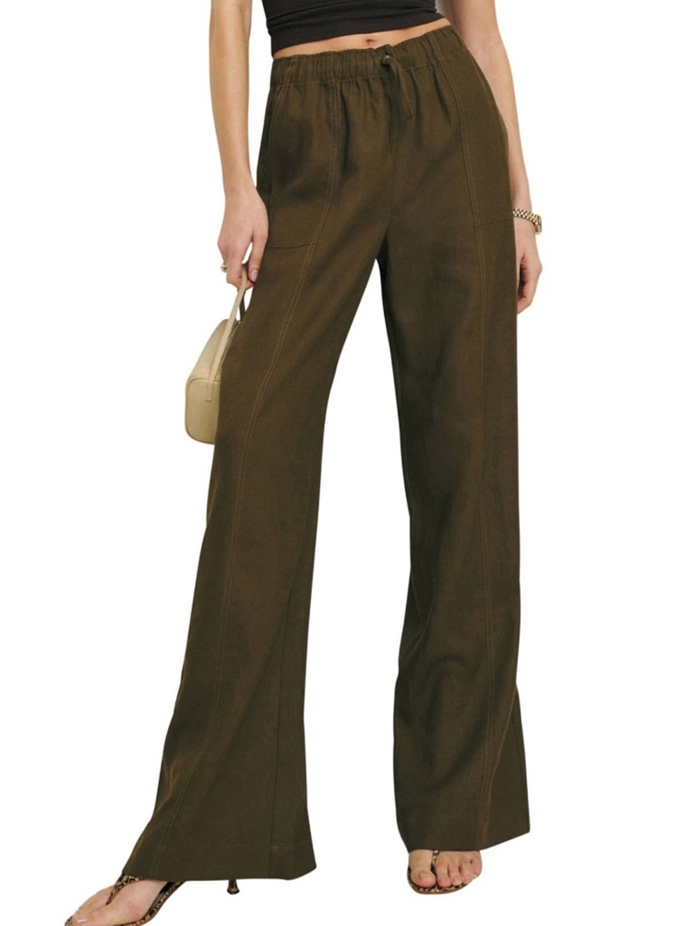 Reformation Olive Green Declan Wide Leg Pants with Convertible Length Medium - Picture 2 of 16